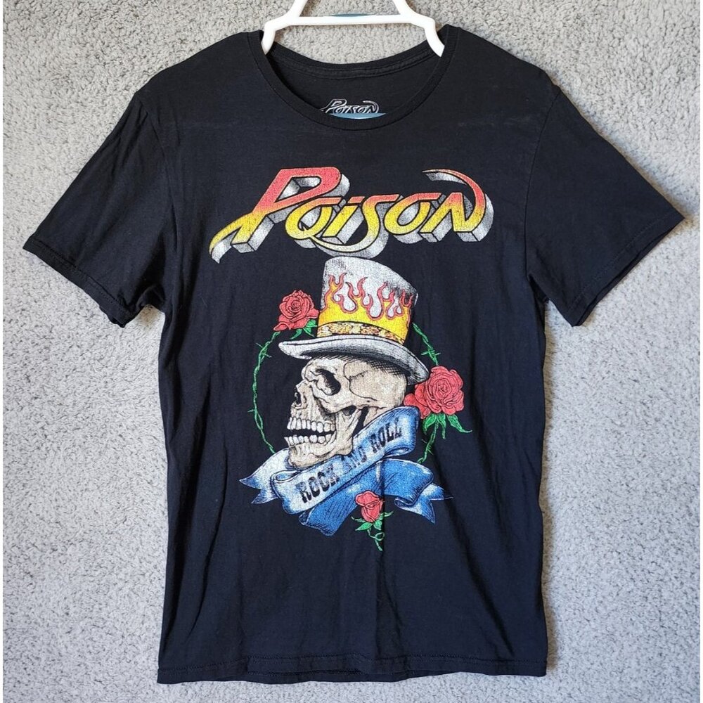 POISON Rock‎ Band Top Hat Skull Rock And Roll Graphic Black T Shirt Size Small